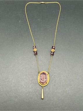 VTG Victorian Revival Brass and Purple Glass Carved Intaglio Necklace